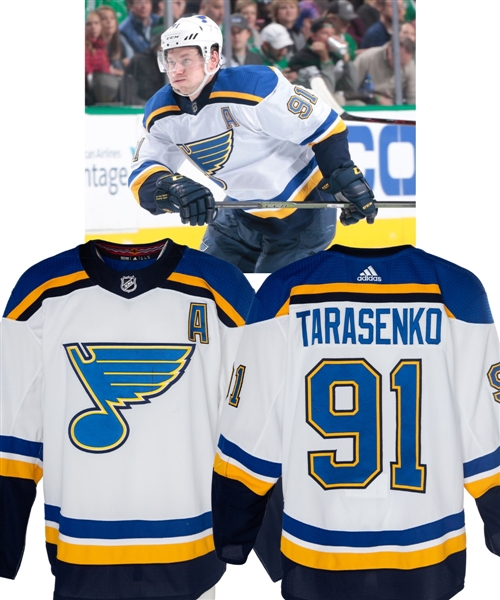 Vladimir Tarasenkos 2017-18 St. Louis Blues Game-Worn Alternate Captains Jersey with Team COA - Photo-Matched!