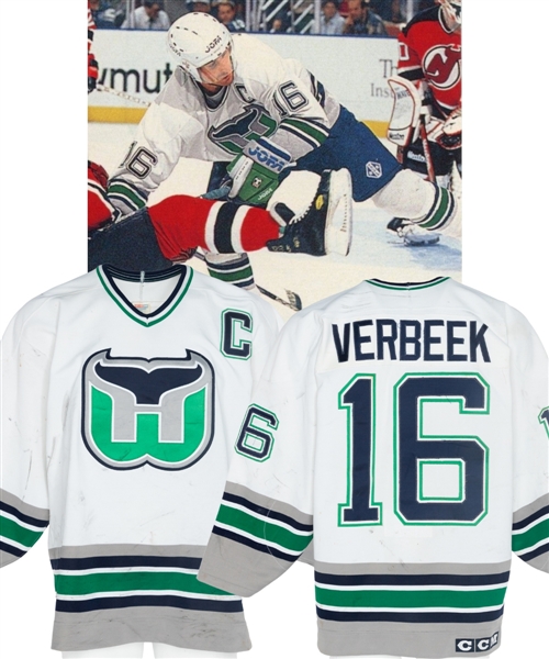 Pat Verbeeks 1993-94 Hartford Whalers Game-Worn Captains Jersey with LOA - Nice Game Wear! - Photo-Matched! 