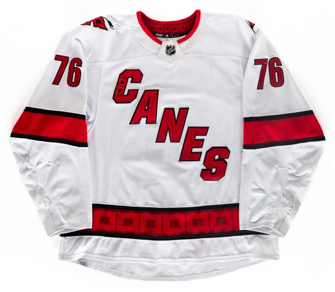 Brady Skjeis 2021-22 Carolina Hurricanes Signed Game-Worn Jersey with Team COA - Nice Game Wear! - Numerous Team Repairs! - Photo-Matched!