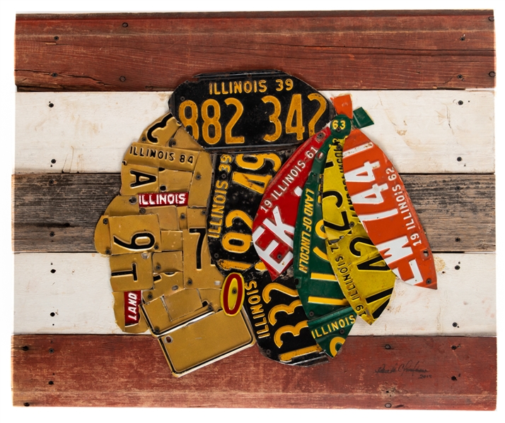 Chicago Black Hawks Illinois License Plate Collage Folk Art (27" x 32")