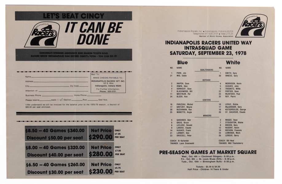 September 23rd 1978 WHA Indianapolis Racers Intersquad Game Program with Wayne Gretzky in Lineup Wearing #17 - First Pro Program!