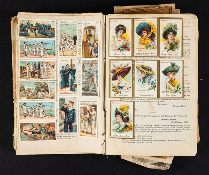 Turn-of-the-Century Scrapbook with Tobacco Cards (475+), Clippings and Assorted Ephemera