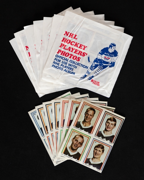 1970-71 Eddie Sargent Hockey Stamps (53 Stamps on 7 panels) and Unopened Packages (9)