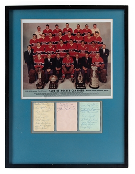 Montreal Canadiens 1958-59 Stanley Cup Champions Team-Signed Sheets Framed Display with LOA - Includes Deceased HOFers Plante, Harvey, Geoffrion, Beliveau, Blake, Moore, Johnson and Richard Bros