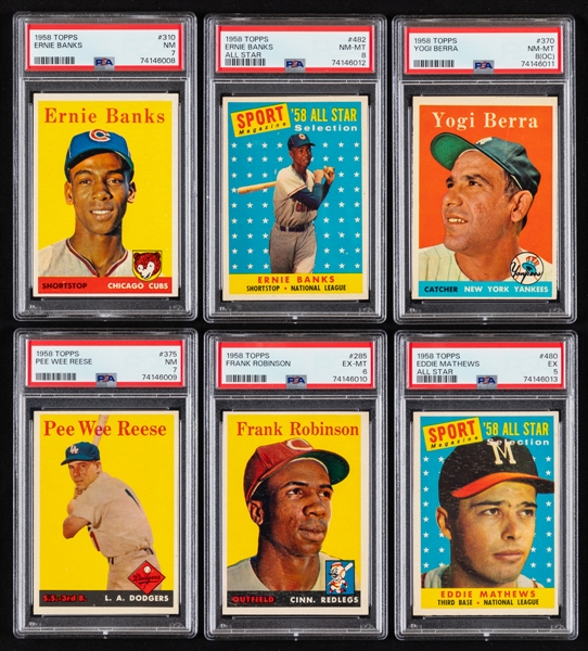 1958 Topps Baseball Cards (12) with PSA-Graded Examples (6) Including HOFers #310 Banks (NM 7), #482 Banks AS (NM-MT 8) and #370 Berra (NM-MT 8 OC)