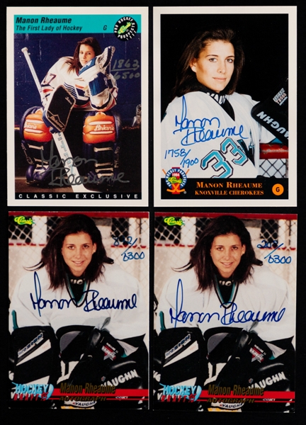 Manon Rheaume Hockey Card Collection with Signed Cards (4) Inc. 1993 Classic Pro Hockey Prospects (1862/6500), 1994 Classic Games (1758/1900) and 1995 Classic Hockey Draft (208/300 & 892/300)