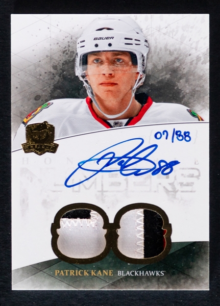 2010-11 The Cup Honorable Numbers Hockey Card #HN-PK Patrick Kane Autograph/Patch (07/88) Plus 2009-10 OPC Premier Stitchings #PS-PK (088/199) and 2009-10 SP Sign of the Times #ST-BH Bobby Hull