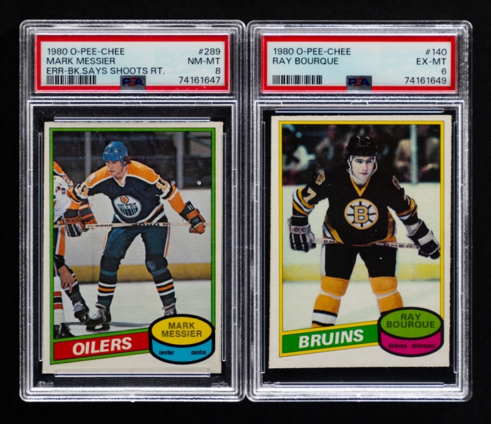 1980-81 O-Pee-Chee Hockey Card #289 HOFer Mark Messier Rookie (Graded PSA 8) and 1980-81 O-Pee-Chee Hockey Card #140 HOFer Ray Bourque Rookie (Graded PSA 6)