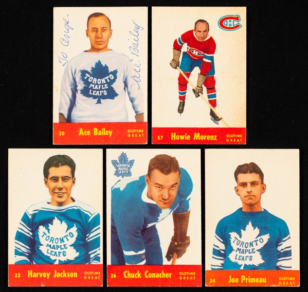 1955-56 Parkhurst Quaker Oats Hockey Cards (5) Inc. Signed Example of Card #30 HOFer Ace Bailey Plus Cards of HOFers #22 Jackson, #24 Primeau, #26 Conacher and #57 Morenz