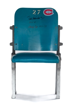Frank Mahovlichs Montreal Forum Signed #27 Blue Seat from His Personal Collection with Family LOA - HOF 81 and Stanley Cup 1971-73 Annotations