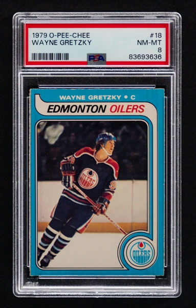 1979-80 O-Pee-Chee Hockey Card #18 HOFer Wayne Gretzky Rookie - Graded PSA 8