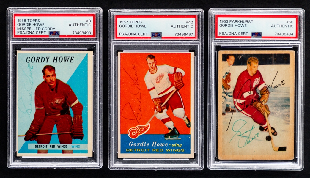 Deceased HOFer Gordie Howe Signed 1953-54 Parkhurst, 1957-58 Topps and 1958-59 Topps Hockey Cards (Cards Graded PSA Authentic - Signatures PSA/DNA Certified Authentic)