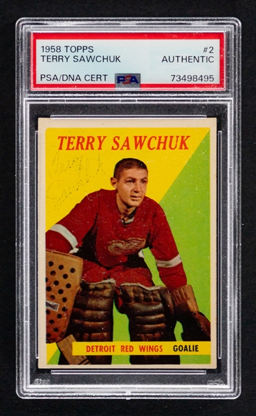 1958-59 Topps Signed Hockey Card #2 Deceased HOFer Terry Sawchuk (Card Graded PSA Authentic - Signature PSA/DNA Certified Authentic) Plus 1960-61 Multi-Signed Program Inc. Sawchuk