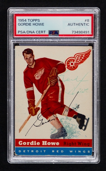 1954-55 Topps Signed Hockey Card #8 Deceased HOFer Gordie Howe (Card Graded PSA Authentic - Signature PSA/DNA Certified Authentic)