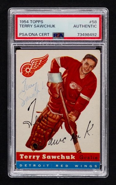 1954-55 Topps Signed Hockey Card #58 Deceased HOFer Terry Sawchuk (Card Graded PSA Authentic - Signature PSA/DNA Certified Authentic)
