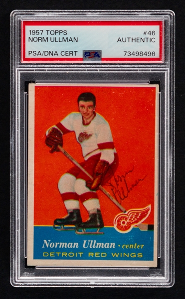 1957-58 Topps Signed Hockey Card #46 HOFer Norm Ullman Rookie (Card Graded PSA Authentic - Signature PSA/DNA Certified Authentic)