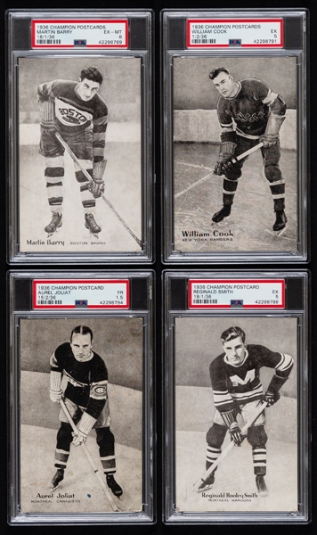 1936 Champion Hockey Postcard Complete Set of 10 with PSA/SGC-Graded Cards (9) + 2 Extras - Includes Marty Barry (PSA 6), Bill Cook (PSA 5), Aurel Joliat (PSA 1.5) & Hooley Smith (PSA 5)
