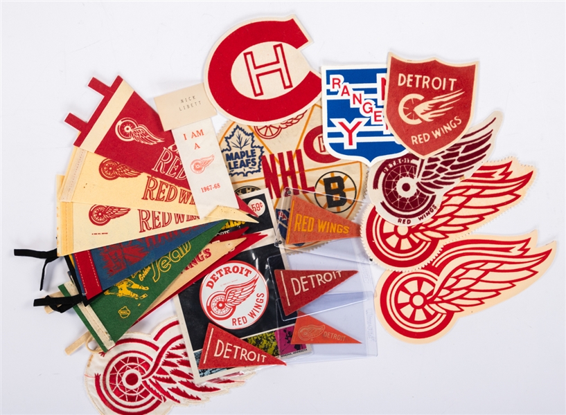 Vintage Detroit Red Wings and NHL Pennants and Memorabilia Collection Including 1937 Red Ball Gum Red Wings Pennant, 1957-58 Star Weekly NHL "Original Six" Premium Crest