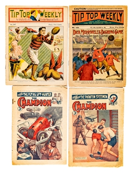 Early-1900s Tip Top Weekly (13) and 1940s/50s The Champion (17) Pulp Magazines Featuring Numerous Sports