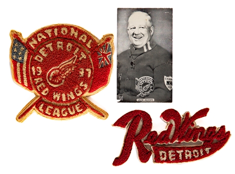 Detroit Red Wings 1937 Sweater Patch with Matching Jack Adams Postcard Plus 1940s Jacket Patch, Vintage Red Wings Puck and More! 