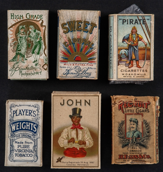 Turn-of-the-Century Cigarettes Boxes/Packs/Tins (28) Including Recruit Little Cigars, Sweet Caporal, Players, Mogul, Pirate, John, Murad, Helmar and Other Brands - Cigarette Cards Era