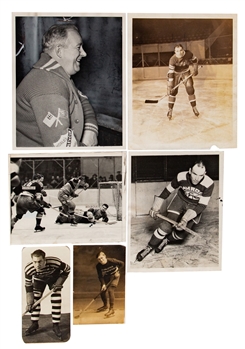 Vintage Hockey Photo Collection of 18 Including Johnny Bucyk Signed Photo and 1930s/40s Media Photos with Jack Adams, Neil Colville and Phil Watson