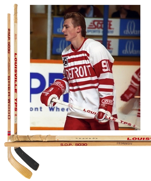 Sergei Fedorovs Early-1990s Detroit Red Wings Game-Used/Game-Issued Rookie Era Stick Collection of 2