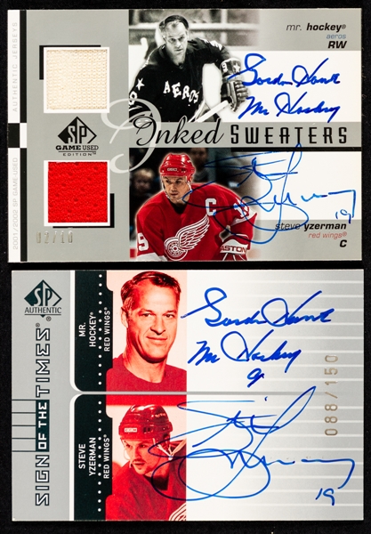 2001-02 Sign of the Times (2004-05 Buybacks) Dual-Signed Hockey Card #HY Gordie Howe / Steve Yzerman (088/150) and 2001-02 Inked Sweaters Hockey Card #DS-HT Howe / Yzerman Autos/Patches (02/10)