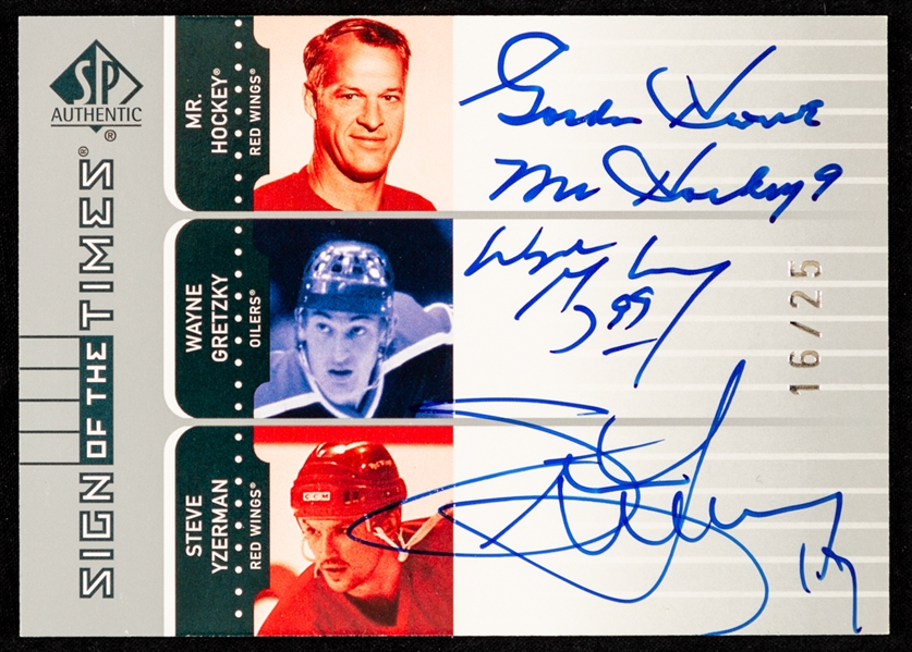 2001-02 SP Authentic Sign of the Times Triple-Signed Hockey Card #HGY Gordie Howe / Wayne Gretzky / Steve Yzerman (16/25)