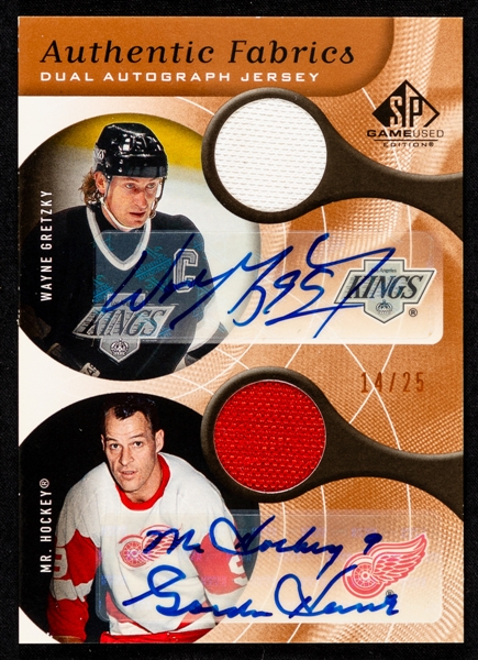 2005-06 SP Game Used Authentic Fabrics Dual Autograph Jersey Hockey Card #AAF2-GH Wayne Gretzky / Gordie Howe (14/25)