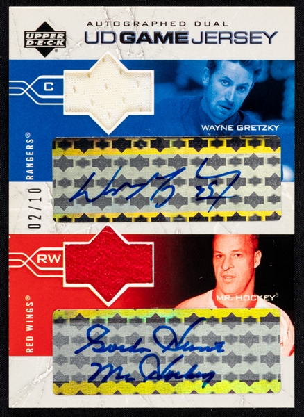 2004-05 Upper Deck Autographed Dual UD Game Jersey Hockey Card #GJA-WG/GH Wayne Gretzky / Gordie Howe (02/10)