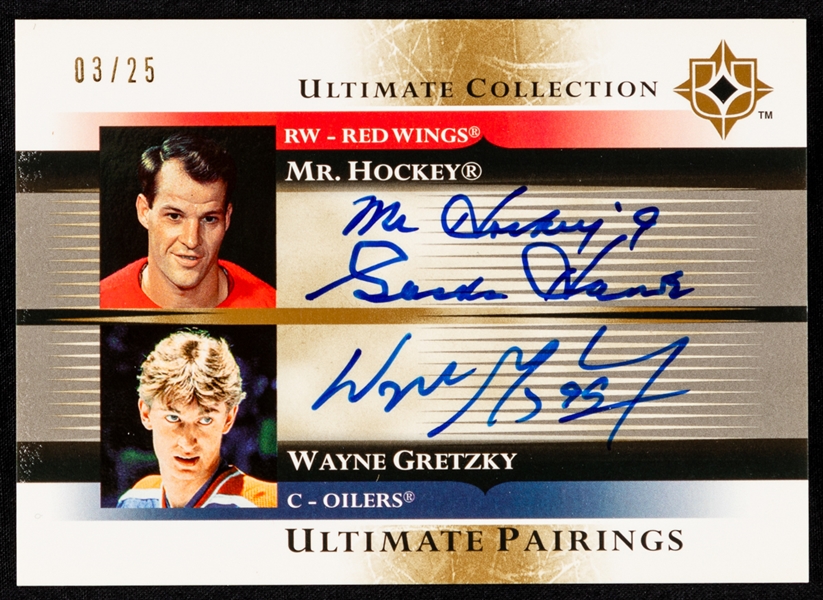 2005-06 UD Ultimate Collection Ultimate Pairings Dual-Signed Hockey Card #UP-HG Wayne Gretzky / Gordie Howe (03/25)