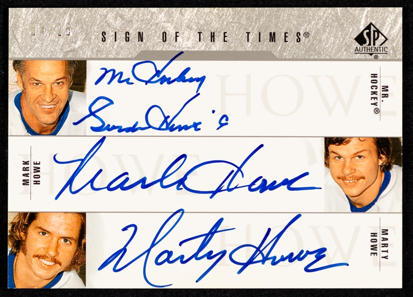 2003-04 UD SP Authentic Sign of the Times Triple-Signed Hockey Card #SOT-GMM Gordie Howe / Marty Howe / Mark Howe (04/25)