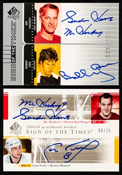 2001-02 SP Authentic Sign of the Times Dual-Signed Hockey Card #GO Gordie Howe / Bobby Orr (026/150) and 2004-05 Sign of the Times Dual-Signed Hockey Card #DS-NH Gordie Howe / Cam Neely (08/25) 