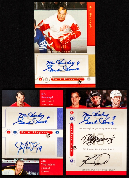 2005-06 UD BAP SP Signatures Hockey Card #HO Gordie Howe (02/10), Dual Signatures #D-HT Gordie Howe / Joe Thornton and Triple Signatures #HGT Gordie Howe / Bill Guerin / Keith Tkachuk