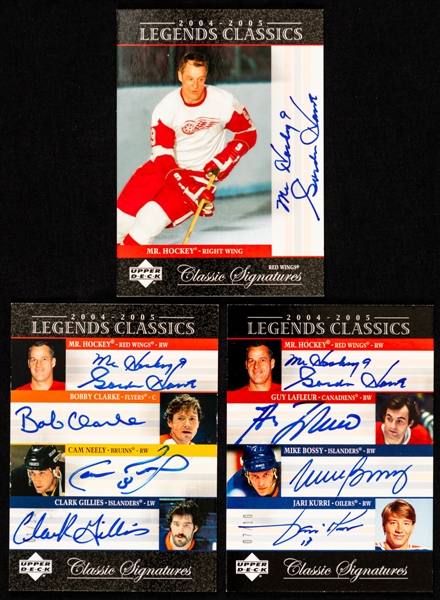 2004-05 UD Legends Classics / Classic Signatures Quad-Signed Hockey Card #QC6 Howe / Clarke / Neely / Gillies (01/10) and #QC2 Howe / Lafleur / Bossy / Kurri (07/10) Plus Signed Card #CS2 Gordie Howe
