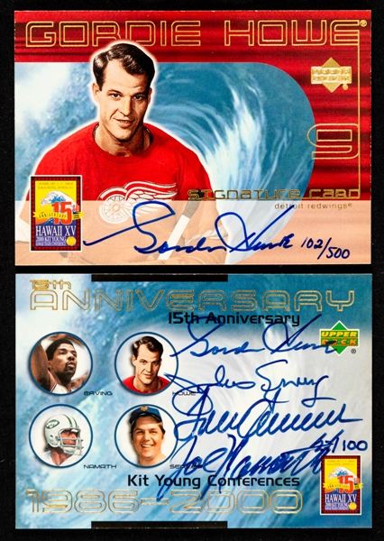 2000 UD Hawaii Kit Young Conferences Quad-Signed Card #KY Howe / Erving / Namath / Seaver (27/100) and 2000 UD Hawaii Signature Hockey Card #GH Gordie Howe (102/500)