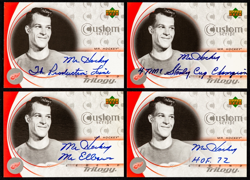 2003-04 UD Trilogy Custom Script Cards #CS-MH Gordie Howe (4 Variations) - Mr. Hockey HOF 72, Mr. Hockey Mr. Elbows, Mr. Hockey 4 Time Stanley Cup Champion & Mr. Hockey Production Line