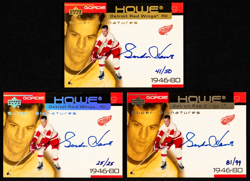 1999-2000 UD Ovation Super Signatures Hockey Cards of Gordie Howe (3) - #SS2 (81/99),   #SSG2 (Gold 41/50) and #SSR2 (Rainbow 25/25)