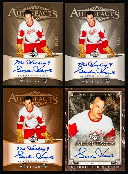 2005-06 UD Artifacts Auto-Facts Signed Hockey Cards of Gordie Howe (3) - #AF-GH (31/75), #AF-GH (25/50) and #AF-GH (07/10) Plus 2006-07 Auto-Facts #AF-HO Gordie Howe 