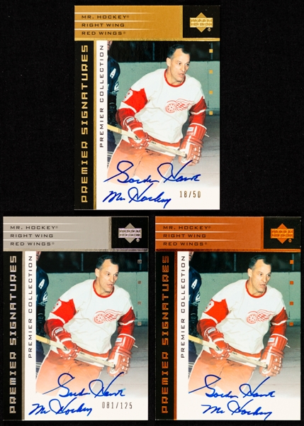 2002-03 UD Premier Collection Premier Signatures Hockey Cards of Gordie Howe (3) - #S-GH (Bronze), #S-GH (Silver 81/125) and #S-GH (Gold 18/50)