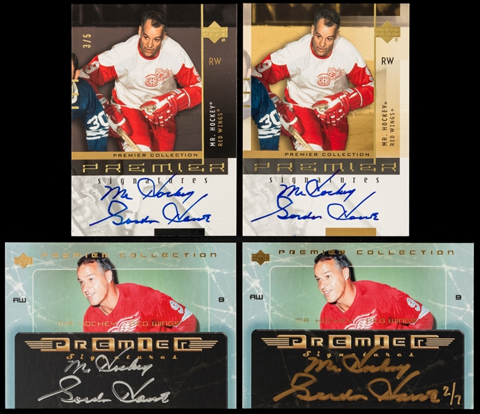 2001-02 UD Premier Collection Premier Signatures Hockey Cards of Gordie Howe (2) #GH (Gold) and #GH (Black 3/5) Plus 2003-04 Premier Signatures (2) #PS-MH (Silver) and #PS-MH (Gold 2/7)
