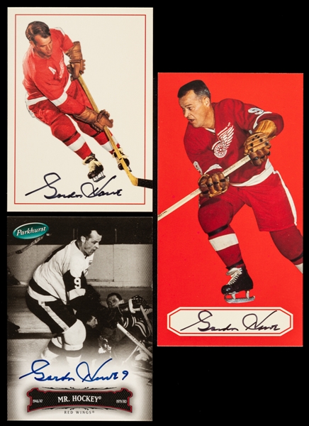 1993-94 Parkhurst Missing Link Autograph Card #A-1 Gordie Howe (520/956), 1994-95 Parkhurst Tall Boys Signed Card #A-5 Gordie Howe (027/964)