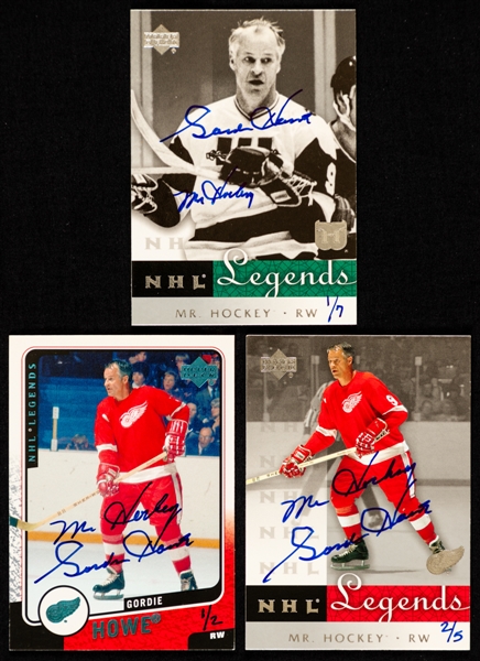 2003-04 Upper Deck Series One Buyback Signed Cards of Gordie Howe with UD COAs (3) - 2000-01 UD Legends #41 (1/2), 2000-01 UD Legends #15 (2/5) and 2001-02 UD Legends #26 (1/7)