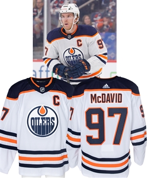Connor McDavids 2019-20 Edmonton Oilers Game-Worn Captains Jersey with Team LOA - Photo-Matched!