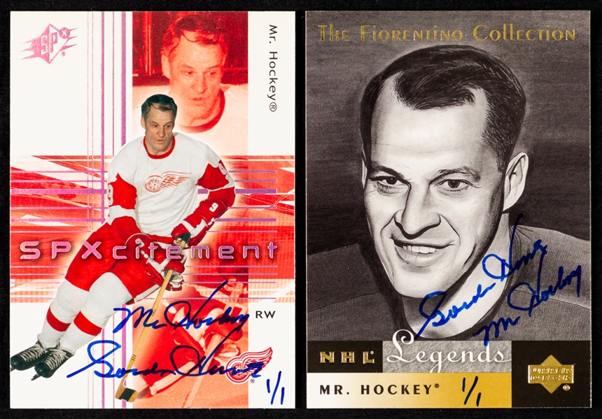 2004-05 UD SP Legendary Signatures Buyback Signed Cards of Gordie Howe with UD COAs (2) - 2001-02 UD  NHL Legends Fiorentino Collection #FC-GH (1/1) and 2002-03 UD SPXcitement #89 (1/1) 