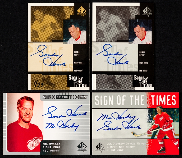 1999-2000 to 2001-02 UD SP Authentic Sign of the Times Signed Cards of Gordie Howe (4) - 1999-2000 #GH (2 Inc. Gold 1/25), 2000-01 #GH and 2001-02 #GH