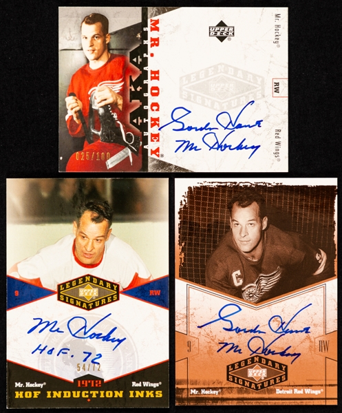 2004-05 UD Legendary Signatures Cards of Gordie Howe (3) - AKA Autographs #AKA-GH (025/100), HOF Induction Inks #HOF-GH (54/72) and Legendary Signatures #GH