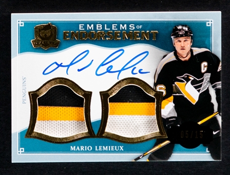 2013-14 UD The Cup Emblems of Endorsement Autographed Dual-Patch Hockey Card #EE-ML HOFer Mario Lemieux (05/15)