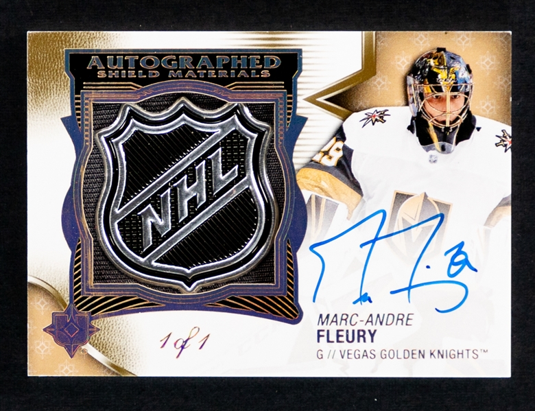 2018-19 UD Ultimate Collection Autographed Shield Materials Hockey Card #45 Marc-Andre Fleury (1/1) 